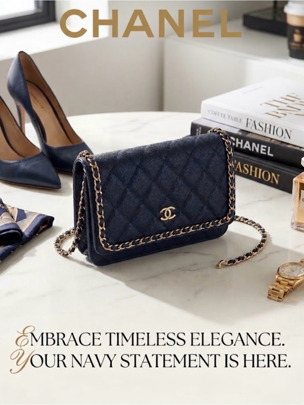CHANEL Quilted Leather Around Chain Flap Bag - Navy with Gold Hardware - - RARE